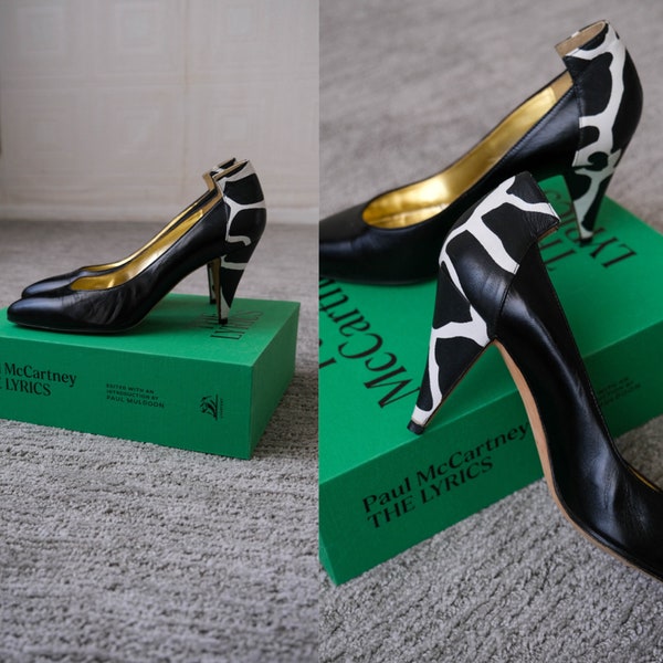 Vintage 80s Jean Claude Jitrois Black Leather Pumps w/ Giraffe Print Heel | Made in Italy | Size 36.5/6.5 | 1990s French Designer Heels