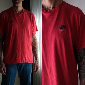 Vintage 90s NIKE AIR Red Destroyed Embroidered Single Stitch T-Shirt | Made in USA | 100% Cotton | 1990s Nike Air Streetwear, Hip Hop Tee