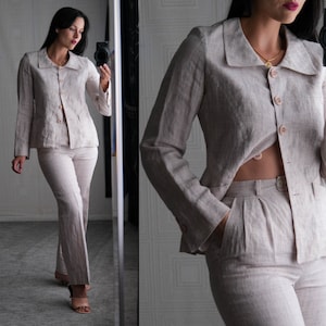 Vintage 90s SONIA RYKIEL Dusty Pink Flecked Linen Chore Coat & High Waisted Pant Suit | Made in France | 100% Linen | 1990s Designer Suit