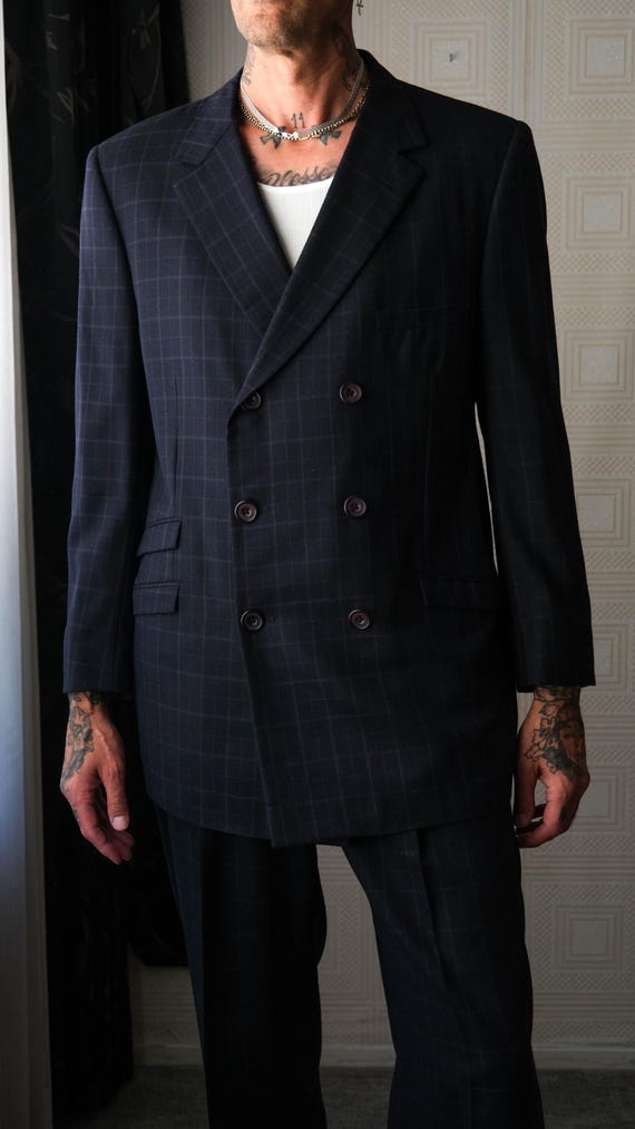 Vintage 90s GIANNI VERSACE COUTURE Navy Windowpane Six