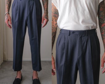 Vintage 90s SANTORELLI Navy Sharkskin Double Pleated Gabardine Cuffed Slacks | Made in Italy | Size 34x29 | 1990s Italian Designer Pants