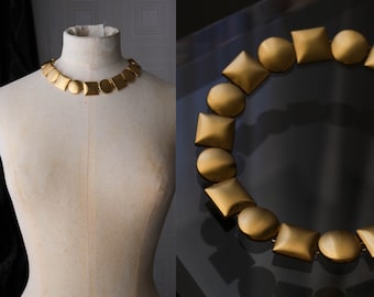 Vintage 80s ANNE KLEIN Signed Gold Geometric Shapes Chunky Statement Choker Necklace | Donna Karan Era | 1980s Designer Gold Jewelry