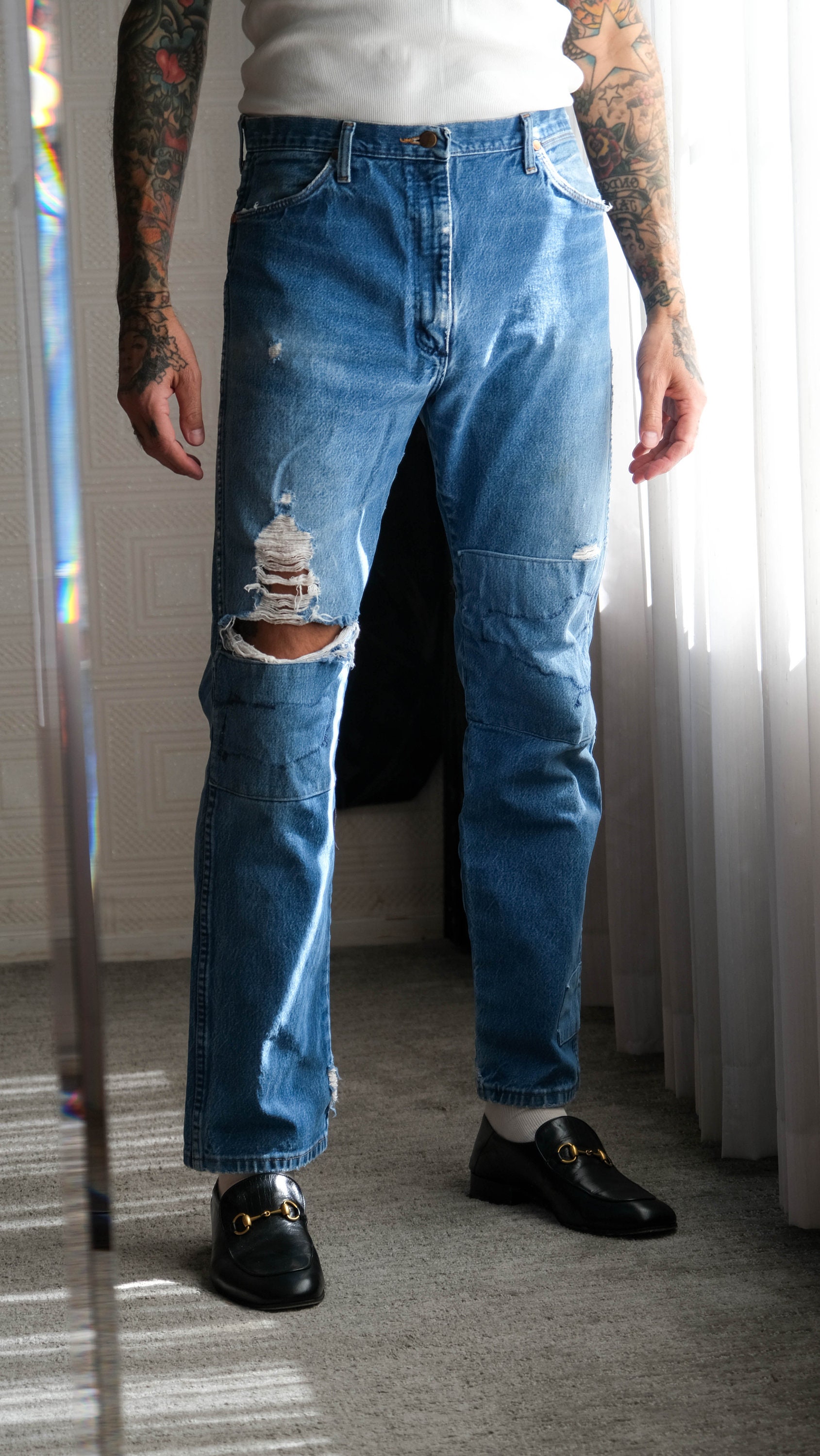 Vintage 80s WRANGLER Medium Indigo Destroyed & Patched Whiskered