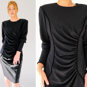 Vintage 80s Ungaro Paralelle Paris Black Broad Shoulder Rouged Sheath Dress | Made in Italy | 100% Wool | 1980s Ungaro Designer Power Dress