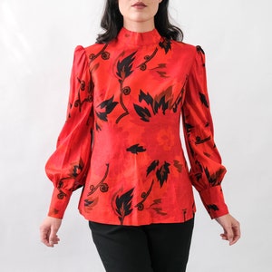 Vintage 70s Irene Thai Silk Ruby Red Floral Print Blouse w/ Pleated Poof Sleeves Made in Thailand 100% Silk 1970s Designer Asian Top image 1