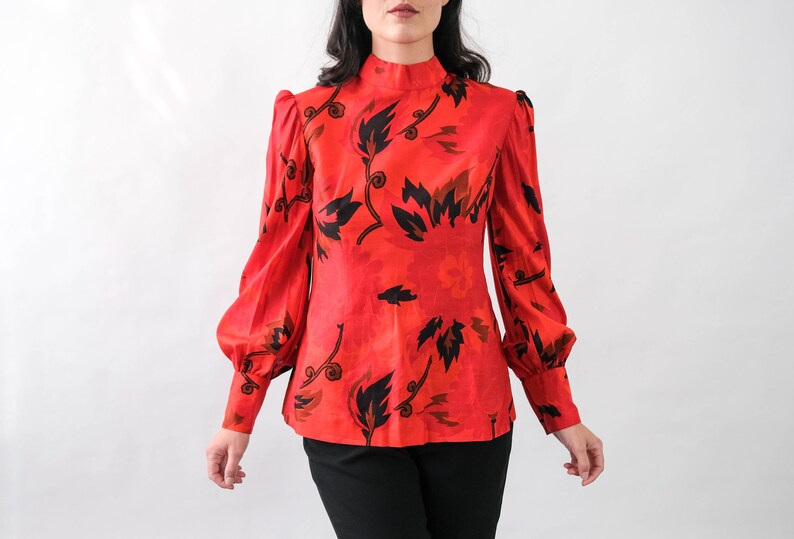 Vintage 70s Irene Thai Silk Ruby Red Floral Print Blouse w/ Pleated Poof Sleeves Made in Thailand 100% Silk 1970s Designer Asian Top image 1