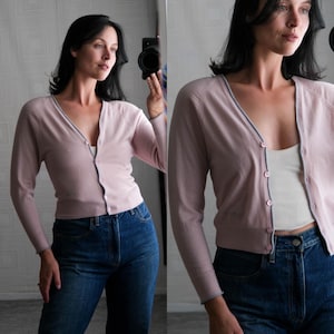 Vintage Y2K Emporio ARMANI Dusty Rose Cropped Cardigan w/ Gray Contrast Piping | Giorgio Armani | Made in Italy | Designer Wool Cardigan