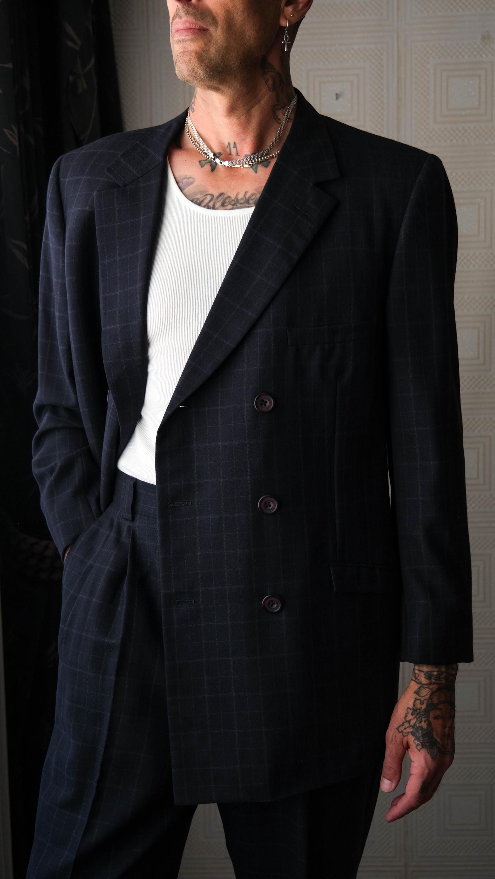 スーツ 90s GIANNI VERSACE Double-breasted Suit Gianni Versace 🔥Vintage 1990's Navy Woven Double Breasted