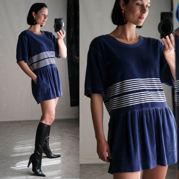 Vintage 80s SONIA RYKIEL for Bergdorf Goodman Navy & Ivory Stripe Velvet Mini Dress w/ Pockets | Made in France | 1980s Designer Dress
