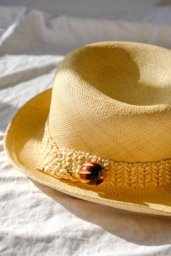 Vintage 70s Adolfo Natural Straw Fedora Sun Hat w… - image 4