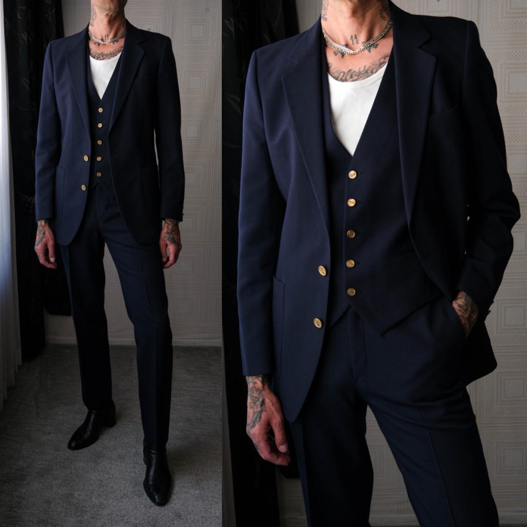 Vintage 70s Yves Saint Laurent Navy Gabardine Three Piece Flare