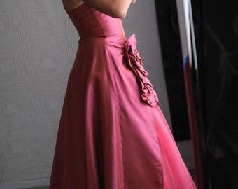 jessica mcclintock pink satin dress rhinestone strapless Jessica McClintock For Gunne Sax Vintage Strapless Coral Pink Gown With Rhinesto
