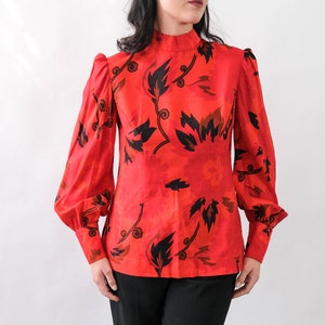 Vintage 70s Irene Thai Silk Ruby Red Floral Print Blouse w/ Pleated Poof Sleeves Made in Thailand 100% Silk 1970s Designer Asian Top image 3