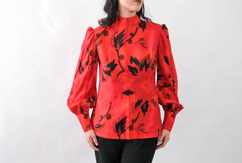 Vintage 70s Irene Thai Silk Ruby Red Floral Print Blouse w/ Pleated Poof Sleeves Made in Thailand 100% Silk 1970s Designer Asian Top image 3