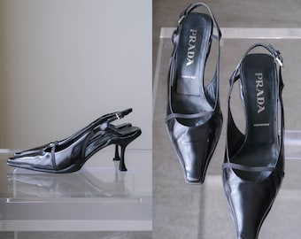 Vintage PRADA 2003 Archival Spazzolato Nero Nylon Tech Slingback Heels w/ Box & Bags | Made in Italy | Size 39.5 | Y2K 2000s Designer Shoes