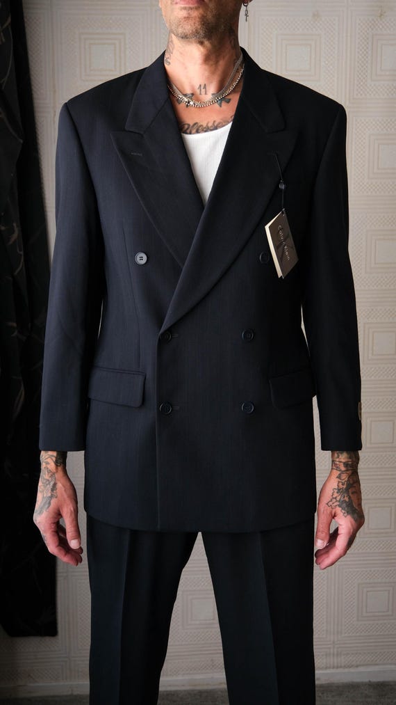Vintage 90s CALVIN KLEIN Navy Shadow Pinstripe 6 Button Double