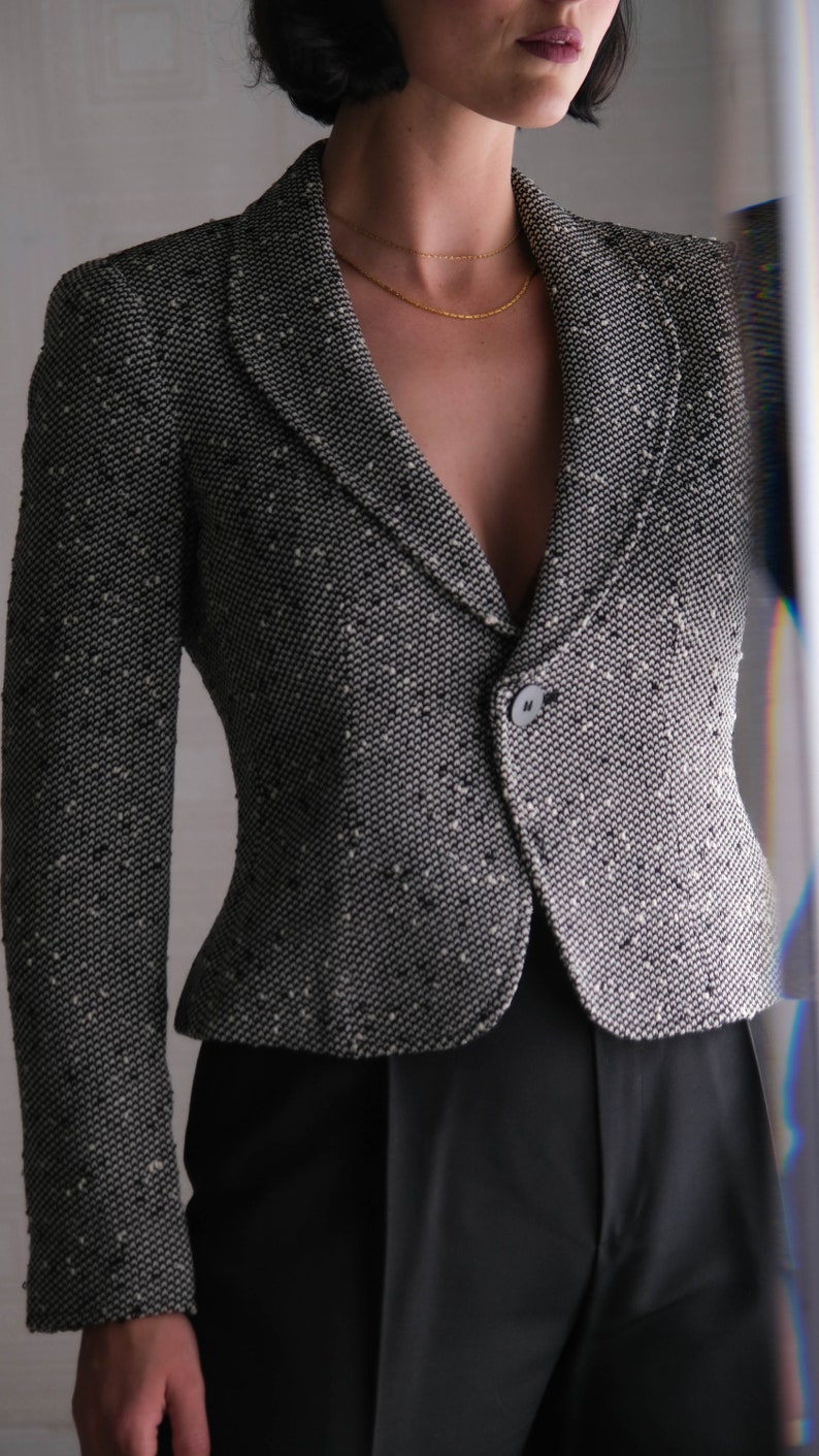 GIORGIO ARMANI Black & White Peppered Boucle Shawl Collar Bolero Blazer w/ Silk Lining Made in Italy Y2K 2000s ARMANI Designer Jacket image 5