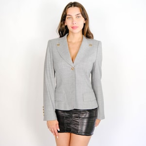 Vintage 90s Escada Light Heather Gray Cropped Vented Blazer w/ Gold Framed Logo Buttons | Film Noir Style | 1990s Does 1940s Designer Jacket