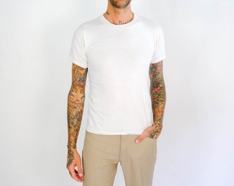 Vintage 70s Touch Of Gold Distressed Blank White Single Stitch Tee Shirt | Made in USA | 100% Cotton | 1970s 1980s Retro Unisex T-Shirt