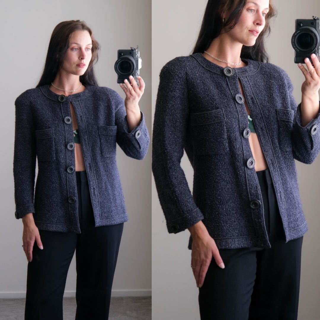 Vintage CHANEL BOUTIQUE Blue Gray Nubby Wool Boucle Jacket W/ Large ...