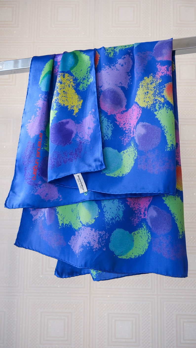 Vintage 90s Emanuel Ungaro Deep Blue Abstract Print Large Silk Scarf 100% Silk 35 X 34 1990s Vintage Designer Large Silk Shawl Scarf image 2