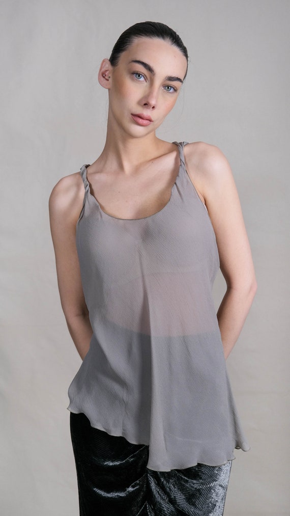GIORGIO ARMANI Feather Gray Silk Asymmetrical Lettuce Hem