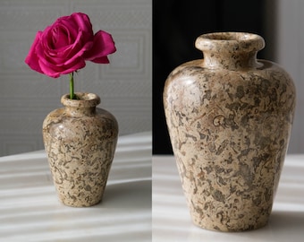 Vintage Natural Earthtone Fossil Marble Hand Carved Vase | Marble, Stone, Rustic, Boho, Interior Design | Book Shelf Decor Flower Vase