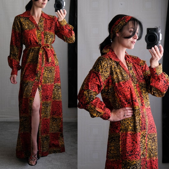 bohemian dress malaysia Vintage 70s Malaysian Print Tunic Maxi Dress w/ Matching Belt | Made in  Malaysia | 100% Cotton