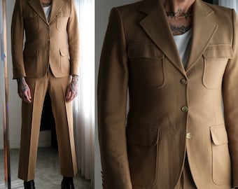 Vintage 70s Yves Saint Laurent Camel Four Patch Pocket Three Button Flare Leg Suit | Made in France | 1970s YSL Designer Tailored Mens Suit