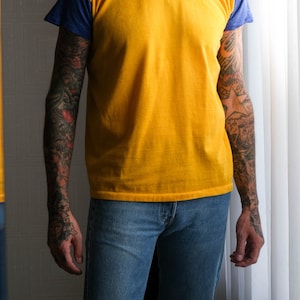 Vintage 60s MASON Athletic Wear Blue & Gold Durene Blank Short Sleeve Jersey Tee Shirt Made in USA 1960s MASON Jersey Unisex T-Shirt image 2