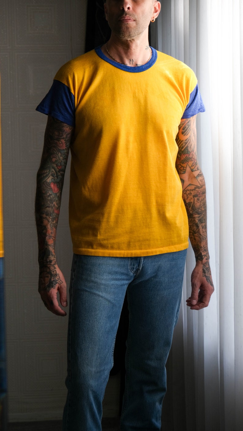 Vintage 60s MASON Athletic Wear Blue & Gold Durene Blank Short Sleeve Jersey Tee Shirt Made in USA 1960s MASON Jersey Unisex T-Shirt image 2