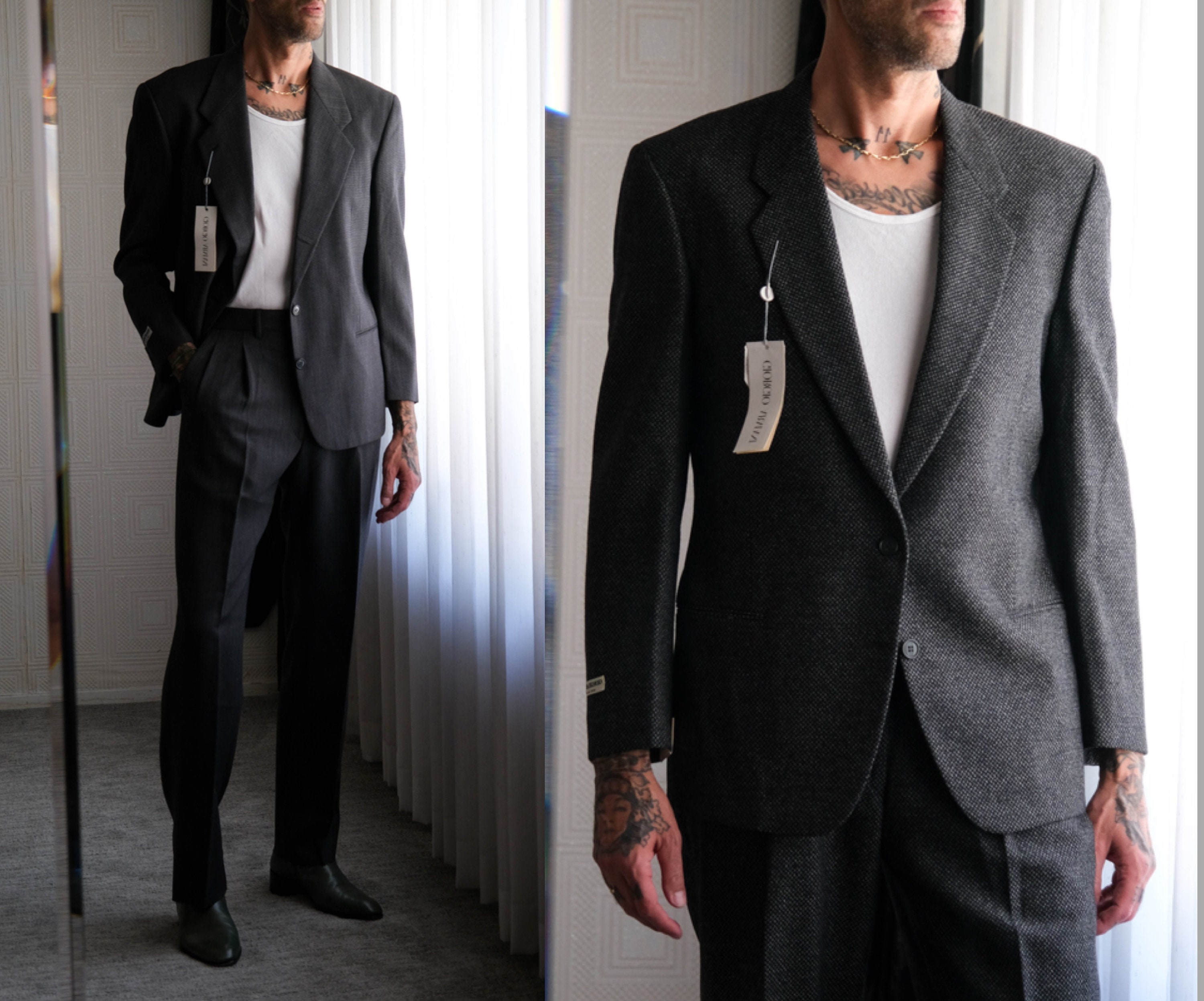 Vintage 80s Giorgio Armani Charcoal & Gray Nailhead Wool Vintage 80s Giorgio Armani Charcoal & Gray Nailhead Wool