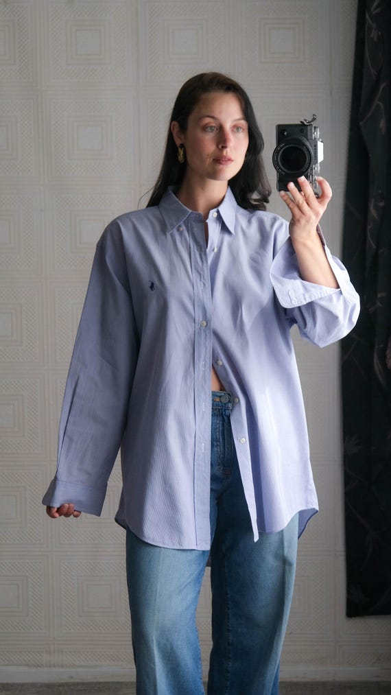 Vintage POLO Ralph Lauren Chambray Blue Pinstripe Textured