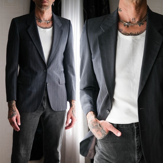 Saint Laurent, Vintage 80s Yves Saint Laurent Dark Blue Gray Shadow Striped Blazer | Made in France | 100% Wool | 1980s YSL Designer Tailored Mens Jacket