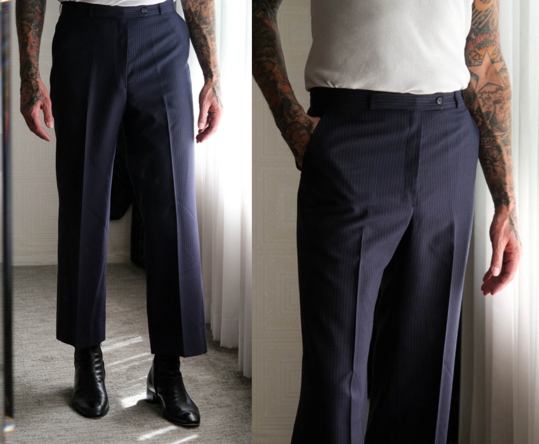 Vintage 70s Yves Saint Laurent Navy Blue Pinstripe Gabardine Flare Leg  Slacks Made in France 100% Wool 1970s YSL Designer Mens Pants 