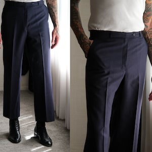 Vintage 70s Yves Saint Laurent Navy Blue Pinstripe Gabardine Flare Leg Slacks | Made in France | 100% Wool | 1970s YSL Designer Mens Pants