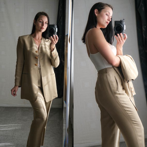 Vintage 90s DONNA KARAN Black Label Golden Sharkskin Linen