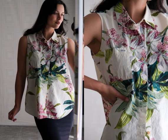 Guess, Vintage 80s GUESS Floral Print Sleeveless Button Up Top | Made in USA | 100% Cotton | 1980s GUESS Designer Floral Streetwear Womens Shirt