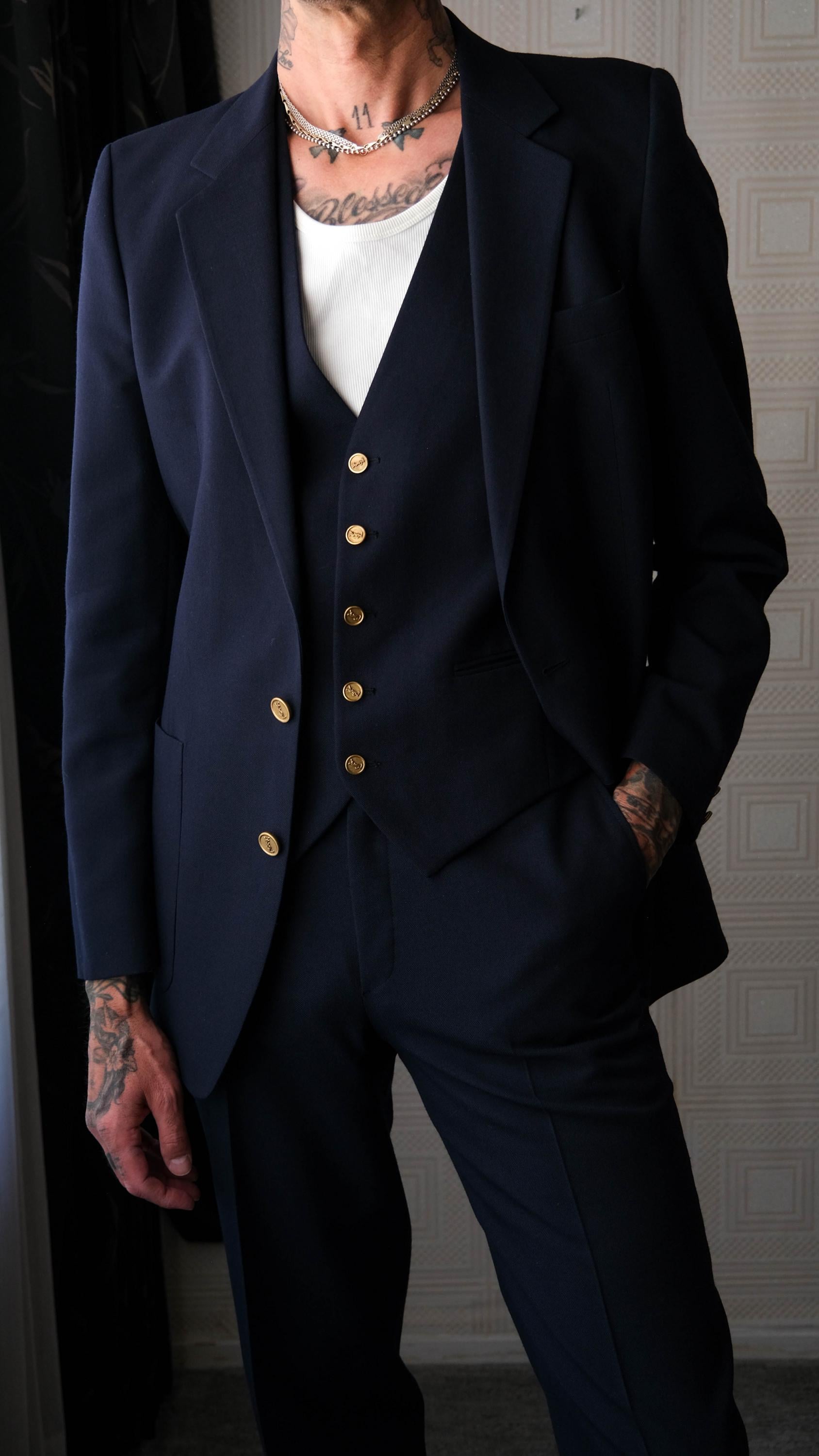 70s Yves Saint Laurent ジャケット　本人期 Vintage 70s Yves Saint Laurent Navy Gabardine Three Piece Flare