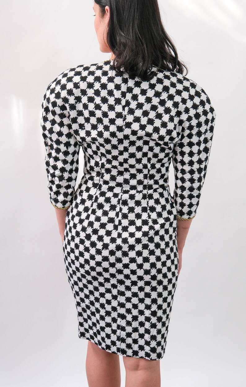 Vintage 80s LILLIE RUBIN Black & White Houndstooth Double Breasted Power Dress w/ Rhinestone Studs Made in USA 1980s Designer Chic Dress image 9