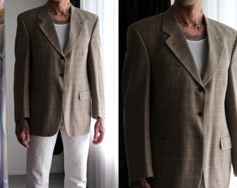 Vintage 90s BURBERRYS Tan Houndstooth Three Button Wool Blazer | Made in USA | 100% Wool | 1990s Burberry Prosum Designer Mens Sport Jacket