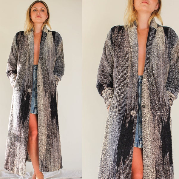 Vintage Joan McGee Black & Gray Handmade Southwestern Silk Boucle Knit Duster | Hidden Pockets | Designer Artisan Bohemian Cardigan Sweater