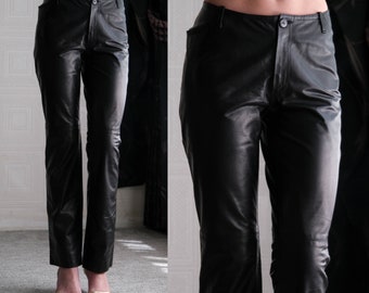 Vintage 90s PLEIN SUD Black Leather Mid Rise Pants | Made in France | 100% Genuine Leather | 1990s Y2K French Designer Biker Leather Pants