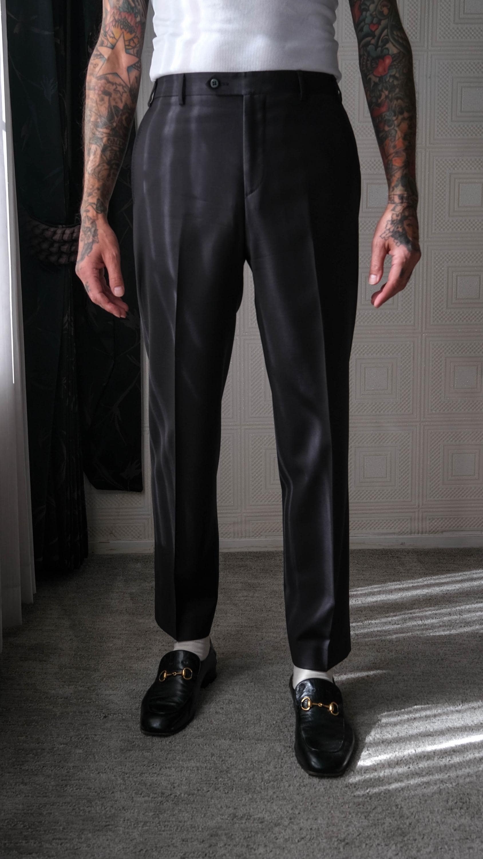 パンツ 90s VESTIMENTA vintage wool slacks 50 Vintage 90s ZANELLA Black Wool Gabardine Mod Flat Front Slacks