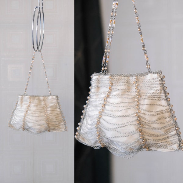 Vintage Y2K Crochet Metal Cocktail Evening Top Handle Purse w/ Silk Lined Interior | Lisa Toland | Knit Crochet Bohemian Hand Made Bag