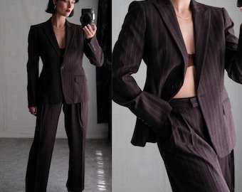 SALVATORE FERRAGAMO Brown Striped Angora Blend Single Button Wide Leg Pant Suit | Made in Italy | Y2K 2000s Italian Designer Womens Suit