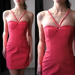 Vintage 90s CACHE Coral Pink Bodycon Mini Party Dress w/ O-Ring Sweetheart Straps | Made in USA | 1990s Y2K Designer Mini Evening Dress