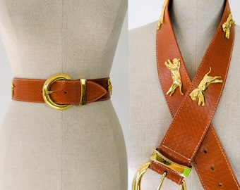 Vintage 90s ESCADA Caramel Brown Leather Adjustable Belt w/ Brass Jaguar Rivets | Made in Italy | 100% Genuine Leather | 1990s Designer Belt
