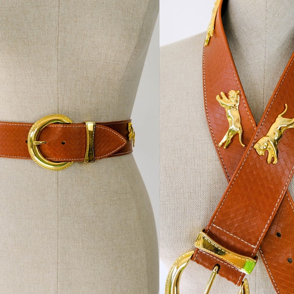 Vintage 90s ESCADA Caramel Brown Leather Adjustable Belt w/ Brass Jaguar Rivets | Made in Italy | 100% Genuine Leather | 1990s Designer Belt