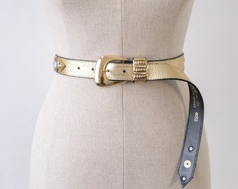 Vintage Western Studded Rhinestone Rockstar Gold Leather Belt | Leatherock | 25"-29" Waist | 100% Genuine Leather | Cowgirl Cowboy Sudded